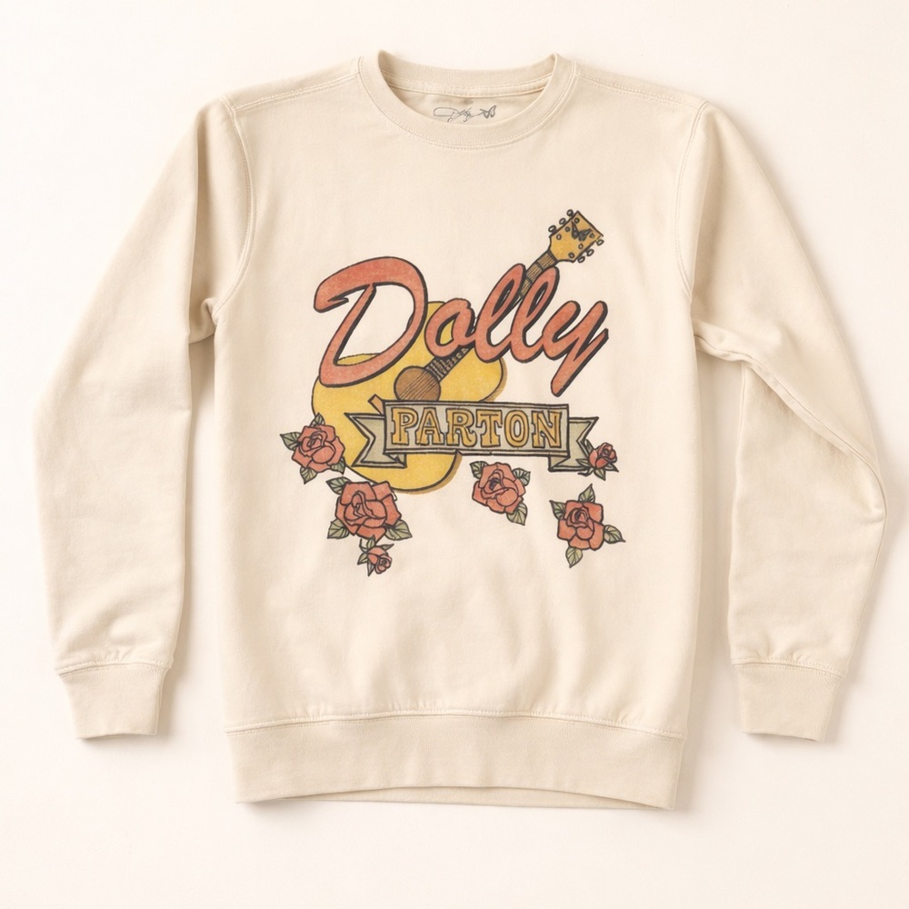 Dolly Parton Cream crewneck with roses and guitar design - graphic sweatshirt